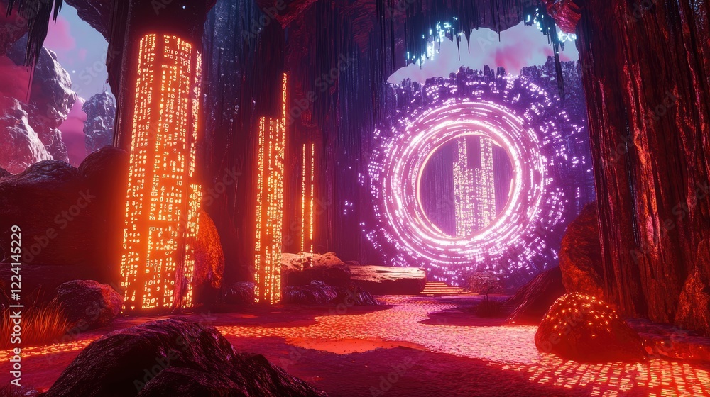 Poster A sci-fi world with floating binary code and a radiant entrance to a digital dimension, offering a glimpse into a futuristic, virtual reality environment