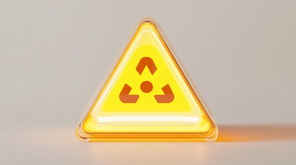 A sleek triangle warning sign with glossy yellow surface, cartoon style radioactive symbol, and glowing edges, on white