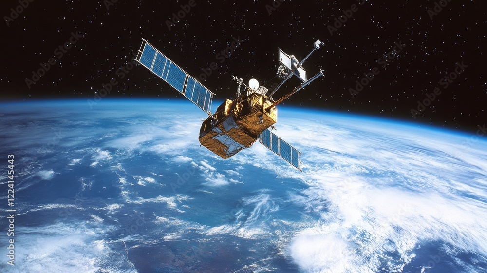 Poster a scientific satellite scanning earth's atmosphere, capturing data with the curvature of the planet 