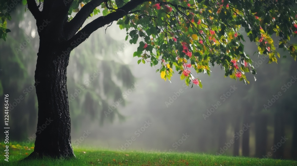 Poster tranquil autumn scene with colorful leaves and misty background in a forest setting
