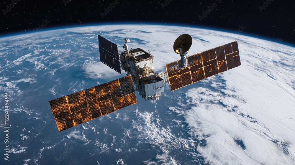 Poster a scientific satellite scanning earth's atmosphere, capturing data with the curvature of the planet 