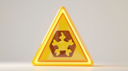 A sleek triangular warning sign with glossy yellow finish, cartoon style hazard symbols, and glow accents, rendered on white