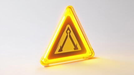 A sleek triangular warning sign with glossy yellow finish, cartoon style hazard symbols, and glow accents, rendered on white