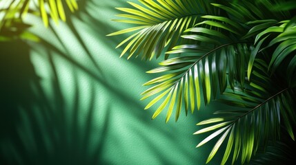 Obraz premium Palm leaves shadow green wall background