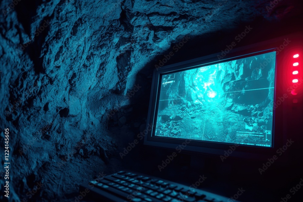 Poster exploring high-tech systems in an underground cave digital environment futuristic viewpoint sci-fi c