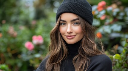 A woman, slightly smiling, wearing a high-quality navy crewneck for a mockup design, with a focus on the texture and details of the clothes. takes place in a garden, wearing a black beanie.
