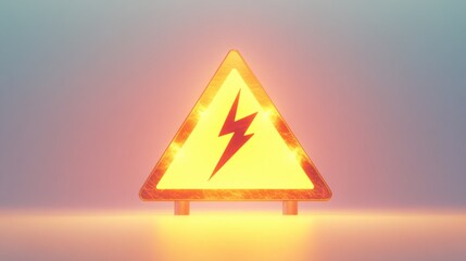 A sleek 3D-rendered yellow triangle warning sign with bold cartoon-style lightning symbol, glowing softly, on white