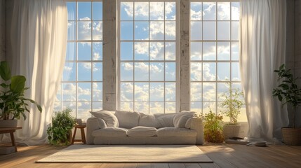 A serene living room filled with natural light from large open windows, offering a beautiful view of the sky and a cozy sofa to relax in