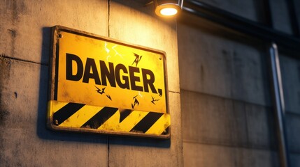 A sleek 3D rendered yellow warning board with hazard stripes, glowing black text "DANGER," and cartoon style lightning icons, on white