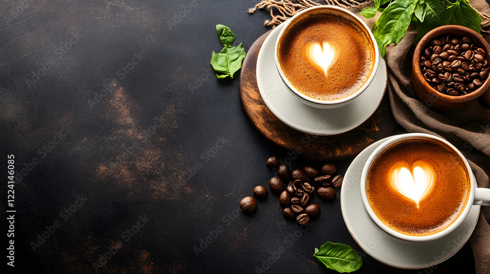 Poster artistic heart shaped latte art in coffee cups on rustic wood table with coffee beans : generative a