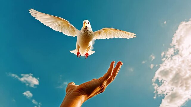 White dove taking flight from a hand against a bright blue sky with clouds