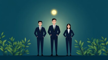 Fototapeta premium Three business professionals silhouetted against a majestic full moon, symbol of future opportunities