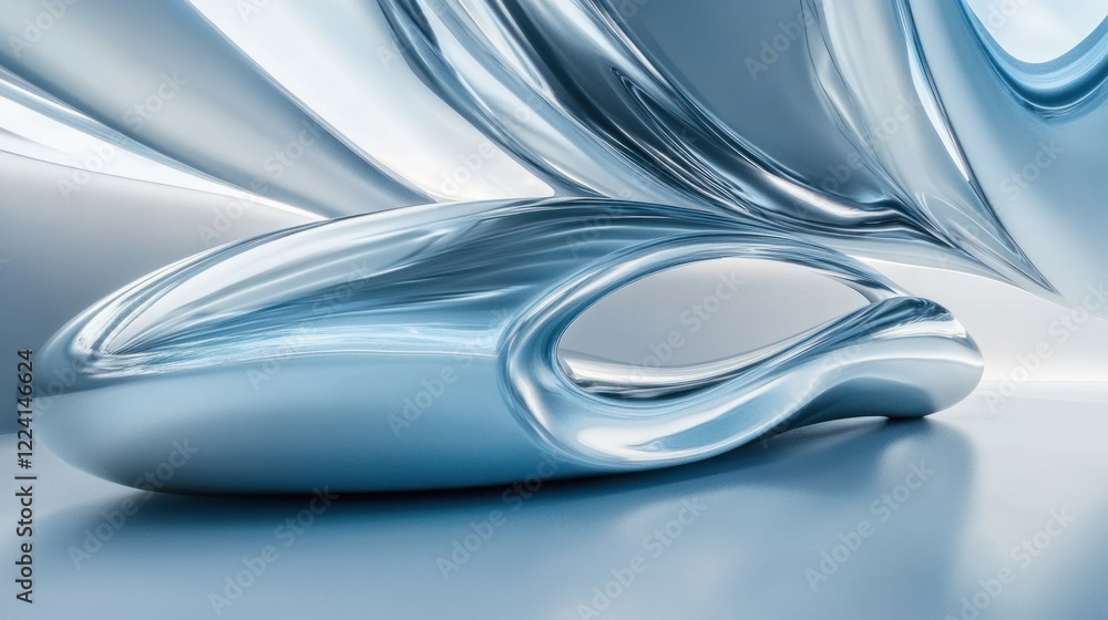 Aufkleber a 3d rendering of smooth metallic curves in a gradient of silver and blue tones, creating a futurist