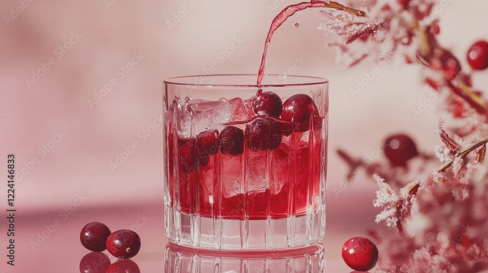 Poster A smooth red stream of cranberry syrup flowing into a clear glass, frozen in motion, set against a simple minimalist backdrop for a sleek look