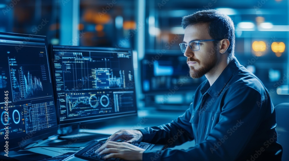 Poster man working efficiently at a clean, modern desk with computer, focused on online tasks.