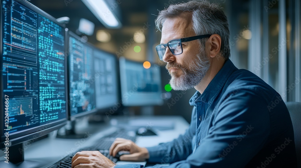 Poster man with glasses focused on computer work, enhancing productivity and digital skills in the modern w