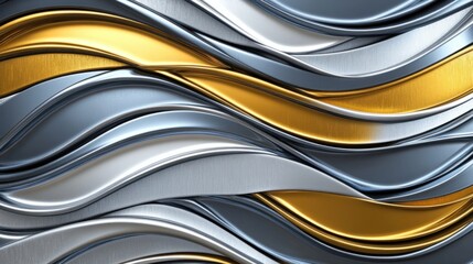 A bold metallic wave pattern rendered in 3D with twisting silver and gold curves, creating depth and visual interest
