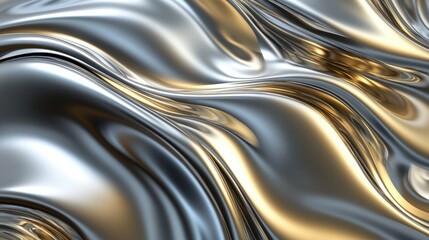 A bold metallic wave pattern rendered in 3D with twisting silver and gold curves, creating depth and visual interest