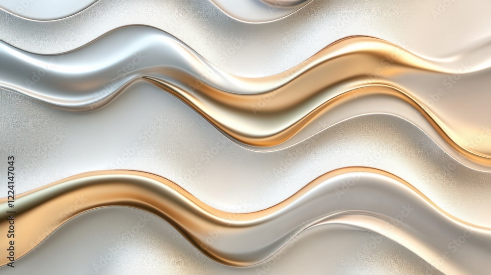 Poster a clean 3d metallic surface with flowing curves and gradient textures in chrome and gold tones, crea