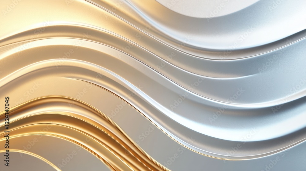 Poster a clean 3d metallic surface with flowing curves and gradient textures in chrome and gold tones, crea