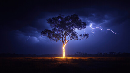 Fototapeta premium A lightning strike hitting a tall tree, illuminating the stormy sky around it
