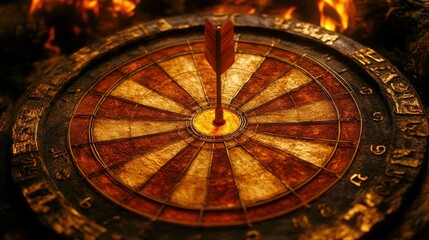 Obraz premium Bullseye: An Ancient Dartboard with a Golden Arrow in Firelight