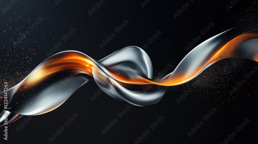 Poster a dynamic 3d abstract metal curve design with glowing reflections and flowing silver ribbons, creati