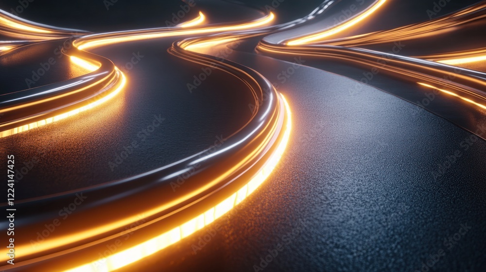 Poster a dynamic 3d metallic curve design with bold silver waves and glowing light effects, creating an abs