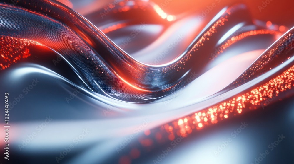 Poster a dynamic 3d metallic curve design with bold silver waves and glowing light effects, creating an abs