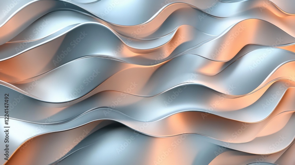 Poster a flowing 3d metallic wave pattern in silver and copper tones, with soft light reflections creating 
