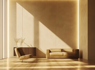 A beige and brown minimalist living room interior featuring a sleek sofa and armchair positioned 