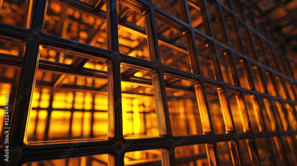 Aufkleber a striking image of steel bars reflecting the glowing warm hues of sunset, forming intricate and dyn