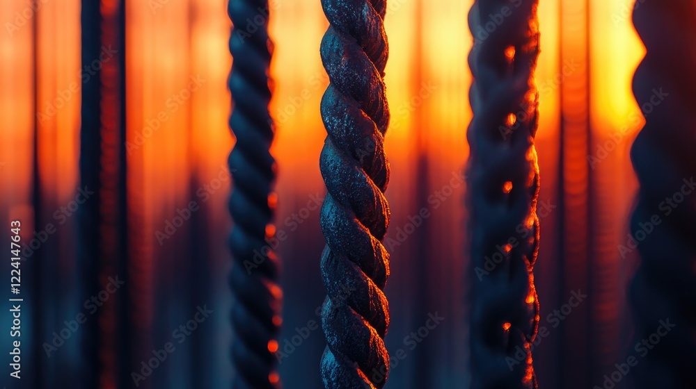 Poster a striking image of steel bars reflecting the glowing warm hues of sunset, forming intricate and dyn