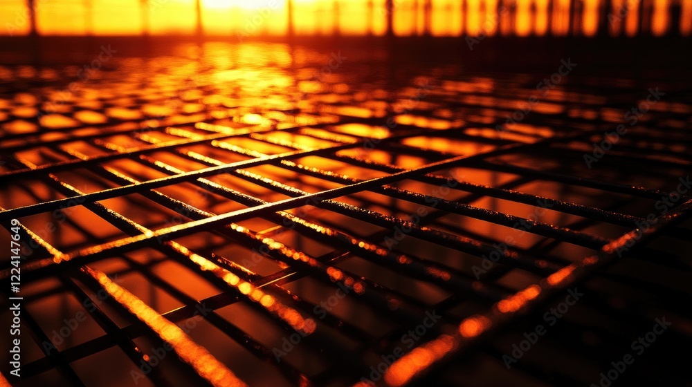 Poster a striking image of steel bars reflecting the glowing warm hues of sunset, forming intricate and dyn