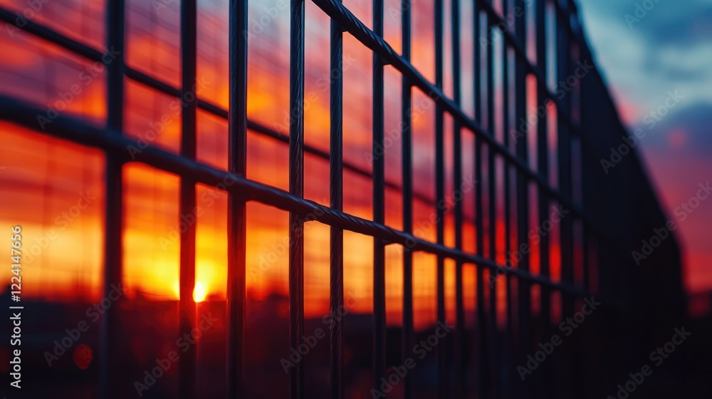 Poster a striking image of steel bars reflecting the glowing warm hues of sunset, forming intricate and dyn