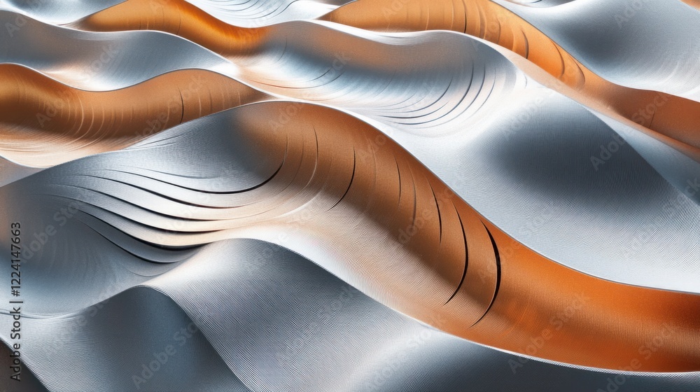 Poster a flowing 3d metallic wave pattern in silver and copper tones, with soft light reflections creating 
