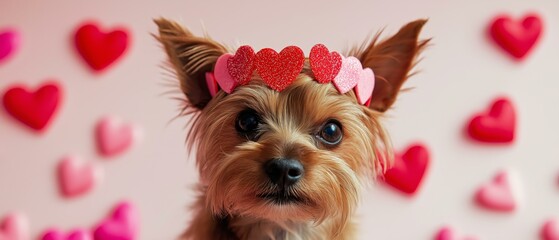 Adorable Yorkshire Terrier Puppy with Valentine's Day Heart Wreath, Pink and Red Background