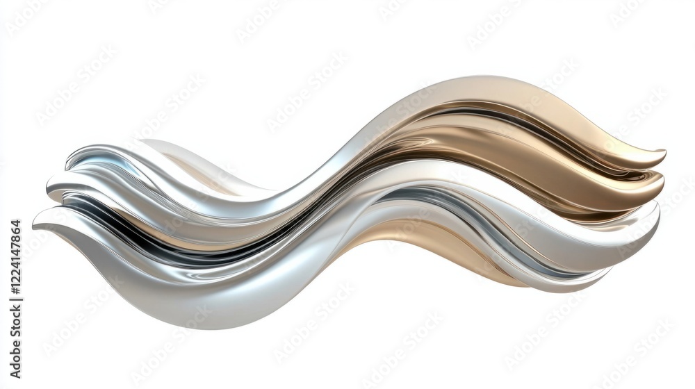 Poster a flowing abstract metal curve design with shiny silver and bronze tones, rendered with smooth 3d re