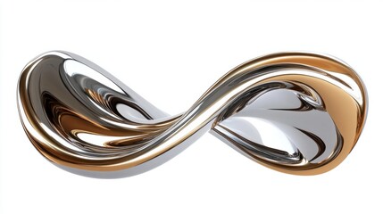 A flowing abstract metal curve design with shiny silver and bronze tones, rendered with smooth 3D reflections