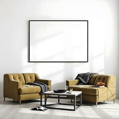 Two yellowish-brown plush sofas with a textured fabric, are positioned facing each other. A rectangular white coffee table sits between them, featuring a dark bowl and two glasses with a drink.