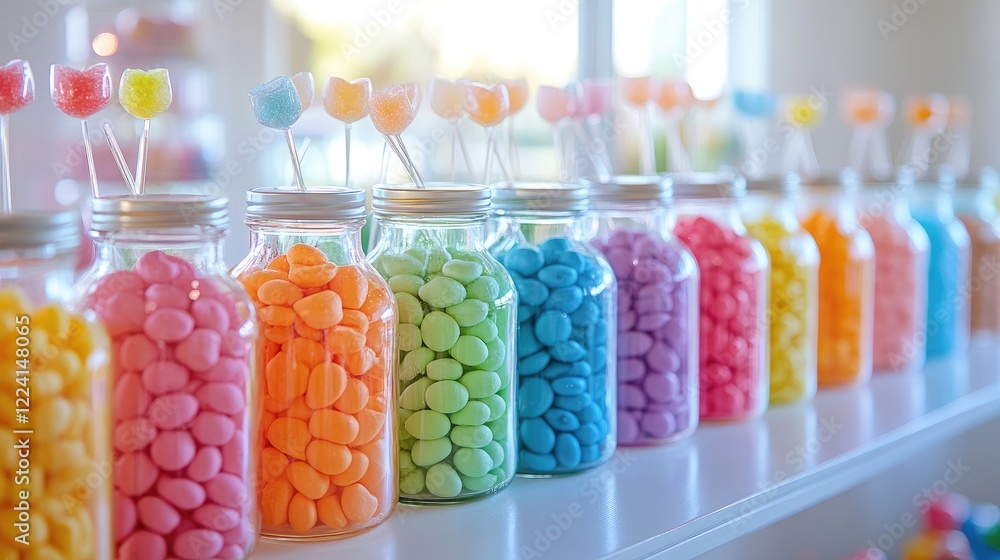 Poster a stunning candy buffet featuring jars of sweets organized in a perfect gradient of colors, adding a
