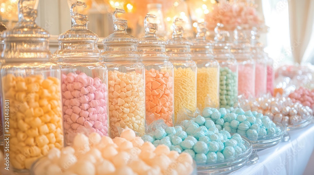 Poster a stunning candy buffet featuring jars of sweets organized in a perfect gradient of colors, adding a