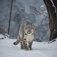 Obraz premium A snow leopard with its tail trailing behind, walking through freshly fallen 