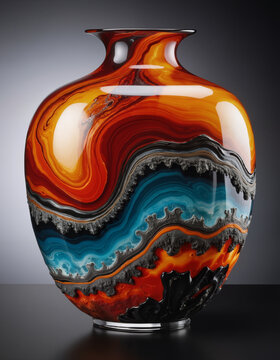  crystal vase, its surface adorned with thick, organic biomorphs that resemble melted lava, serves as the canvas for a stunning oil painting-style design