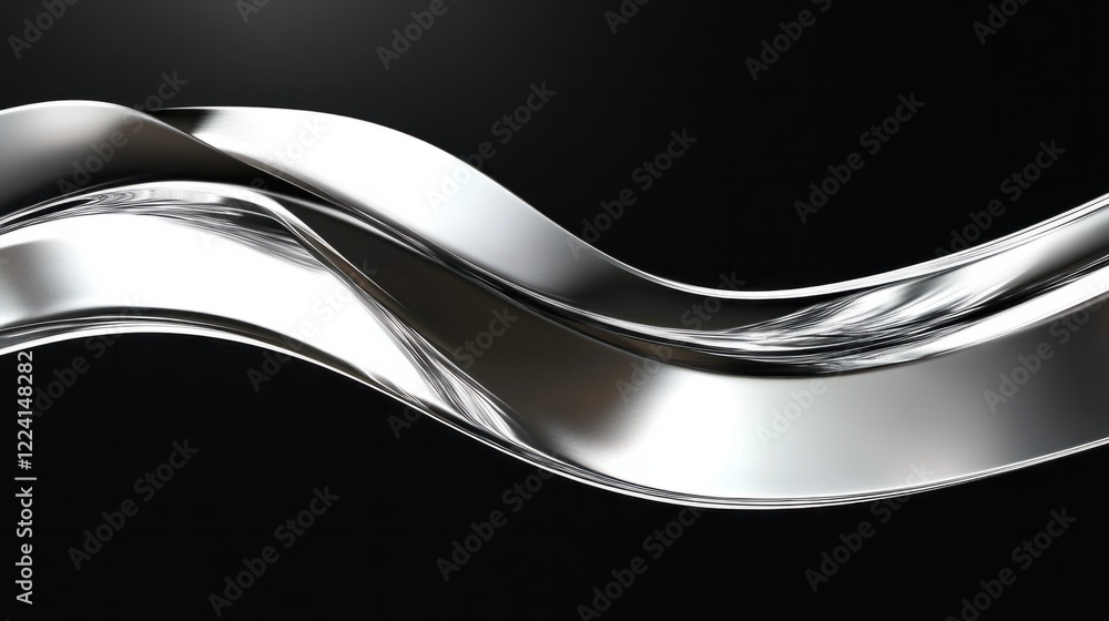 Poster a futuristic 3d metallic ribbon design with dynamic curves and a polished chrome finish, creating a 