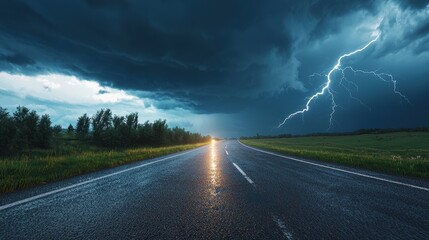 Road stretching into distance with dramatic lightning bolt illuminating the sky above