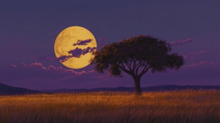 Obraz premium A stunning savanna scene at dusk with golden hues transitioning into deep purple as a massive moon rises behind a solitary acacia tree, creating a serene atmosphere