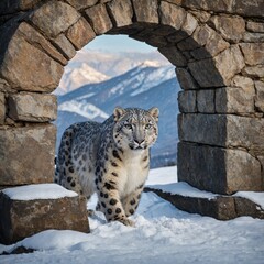 Fototapeta premium A snow leopard framed by the arches of a natural, snow-covered stone bridge.
