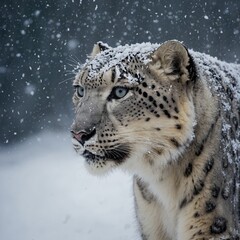 Obraz premium A snow leopard’s fur dusted with snowflakes as it walks through a gentle snowfall.