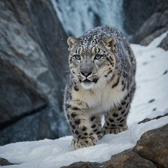 Obraz premium A snow leopard moving stealthily along a narrow, icy ledge.
